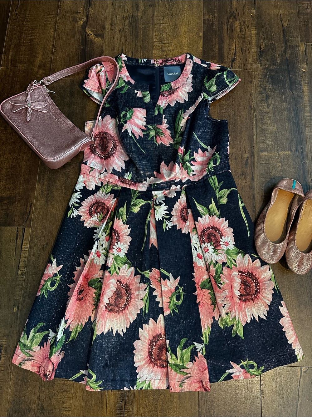 Floral Fit & Flare Dress with Pink Sunflowers